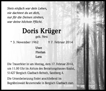 Anzeige von Doris Krüger von Kölner Stadt-Anzeiger / Kölnische Rundschau / Express