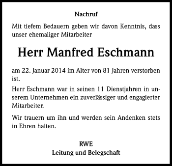 Anzeige von Manfred Eschmann von Kölner Stadt-Anzeiger / Kölnische Rundschau / Express