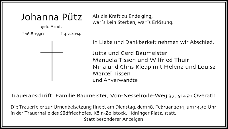  Traueranzeige für Johanna Pütz vom 15.02.2014 aus Kölner Stadt-Anzeiger / Kölnische Rundschau / Express