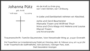 Anzeige von Johanna Pütz von Kölner Stadt-Anzeiger / Kölnische Rundschau / Express