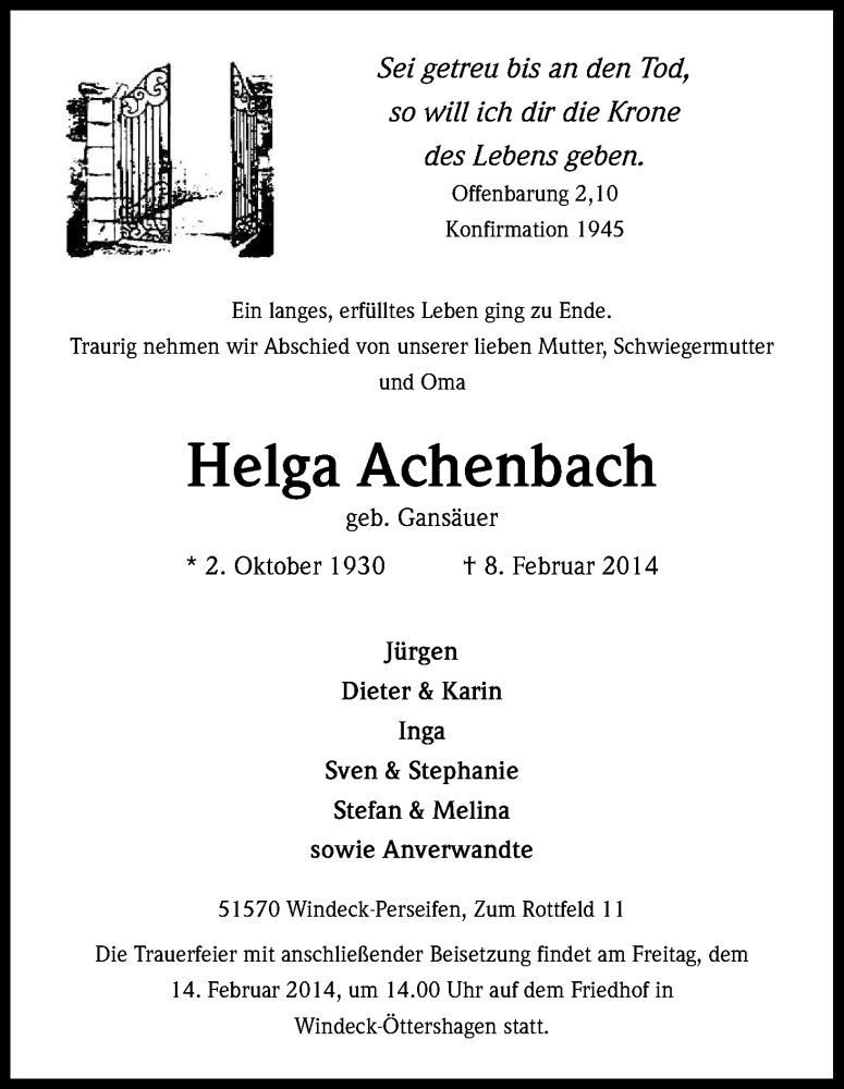  Traueranzeige für Helga Achenbach vom 12.02.2014 aus Kölner Stadt-Anzeiger / Kölnische Rundschau / Express
