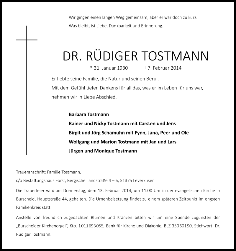  Traueranzeige für Rüdiger Tostmann vom 12.02.2014 aus Kölner Stadt-Anzeiger / Kölnische Rundschau / Express