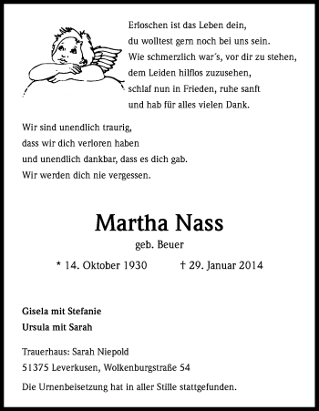Anzeige von Martha Nass von Kölner Stadt-Anzeiger / Kölnische Rundschau / Express