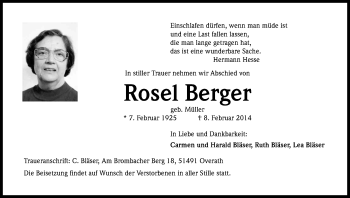 Anzeige von Rosel Berger von Kölner Stadt-Anzeiger / Kölnische Rundschau / Express