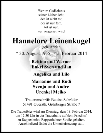 Anzeige von Hannelore Leinenkugel von Kölner Stadt-Anzeiger / Kölnische Rundschau / Express