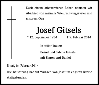 Anzeige von Josef Gitsels von Kölner Stadt-Anzeiger / Kölnische Rundschau / Express