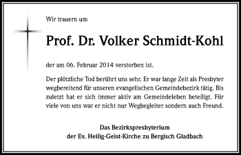 Anzeige von Volker Schmidt-Kohl von Kölner Stadt-Anzeiger / Kölnische Rundschau / Express