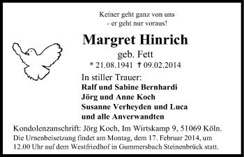Anzeige von Margret Hinrich von Kölner Stadt-Anzeiger / Kölnische Rundschau / Express
