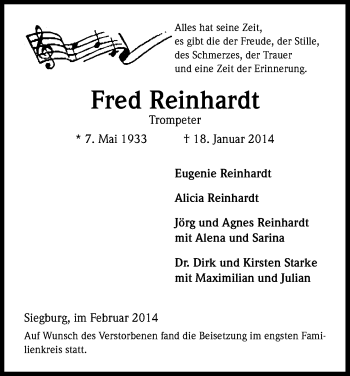 Anzeige von Fred Reinhardt von Kölner Stadt-Anzeiger / Kölnische Rundschau / Express