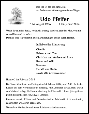Anzeige von Udo Pfeifer von Kölner Stadt-Anzeiger / Kölnische Rundschau / Express