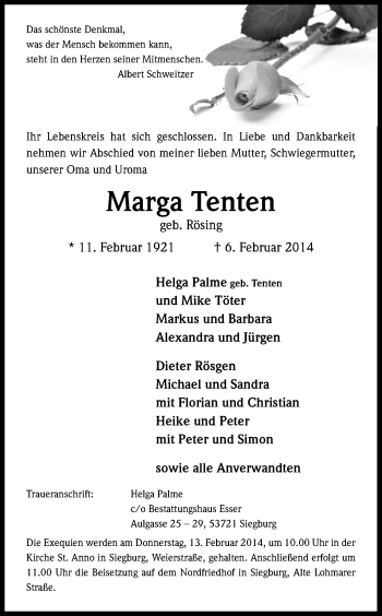 Anzeige von Marga Tenten von Kölner Stadt-Anzeiger / Kölnische Rundschau / Express