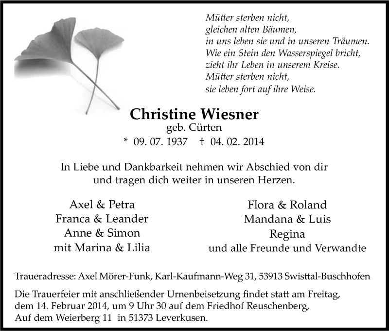  Traueranzeige für Christine Wiesner vom 12.02.2014 aus Kölner Stadt-Anzeiger / Kölnische Rundschau / Express