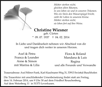 Anzeige von Christine Wiesner von Kölner Stadt-Anzeiger / Kölnische Rundschau / Express