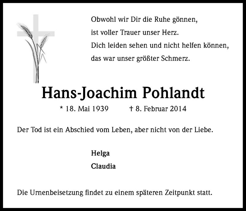  Traueranzeige für Hans-Joachim Pohlandt vom 14.02.2014 aus Kölner Stadt-Anzeiger / Kölnische Rundschau / Express