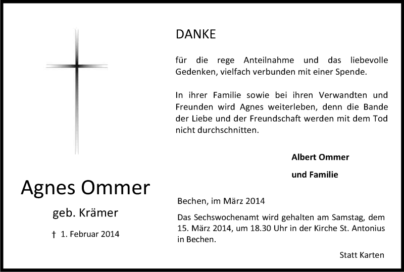  Traueranzeige für Agnes Ommer vom 01.03.2014 aus Kölner Stadt-Anzeiger / Kölnische Rundschau / Express