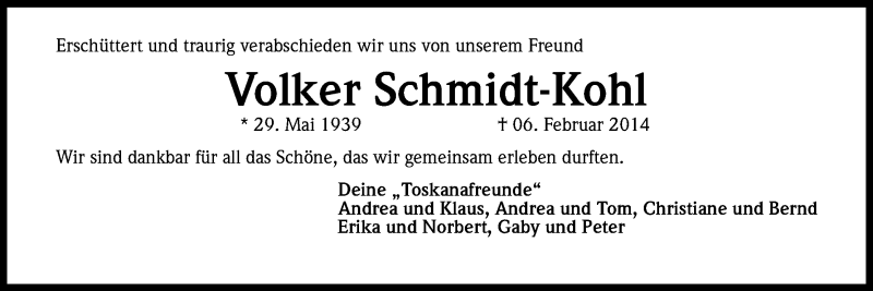  Traueranzeige für Volker Schmidt-Kohl vom 12.02.2014 aus Kölner Stadt-Anzeiger / Kölnische Rundschau / Express