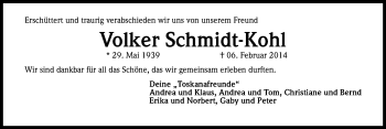 Anzeige von Volker Schmidt-Kohl von Kölner Stadt-Anzeiger / Kölnische Rundschau / Express