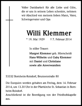 Anzeige von Willi Klemmer von Kölner Stadt-Anzeiger / Kölnische Rundschau / Express