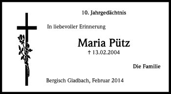 Anzeige von Maria Pütz von Kölner Stadt-Anzeiger / Kölnische Rundschau / Express