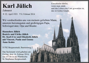 Anzeige von Karl Jülich von Kölner Stadt-Anzeiger / Kölnische Rundschau / Express