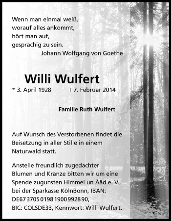 Anzeige von Willi Wulfert von Kölner Stadt-Anzeiger / Kölnische Rundschau / Express