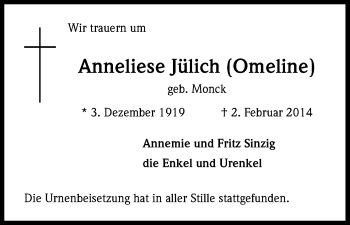 Anzeige von Anneliese Jülich von Kölner Stadt-Anzeiger / Kölnische Rundschau / Express