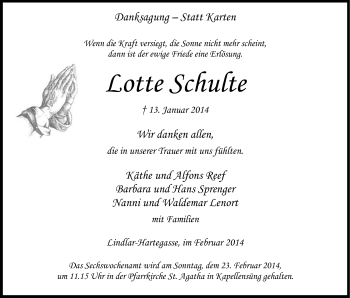 Anzeige von Lotte Schulte von Kölner Stadt-Anzeiger / Kölnische Rundschau / Express