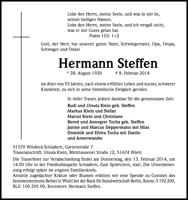  Traueranzeige für Hermann Steffen vom 12.02.2014 aus Kölner Stadt-Anzeiger / Kölnische Rundschau / Express