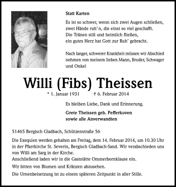 Anzeige von Willi Theissen von Kölner Stadt-Anzeiger / Kölnische Rundschau / Express