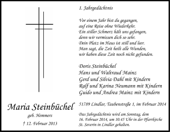 Anzeige von Maria Steinbüchel von Kölner Stadt-Anzeiger / Kölnische Rundschau / Express