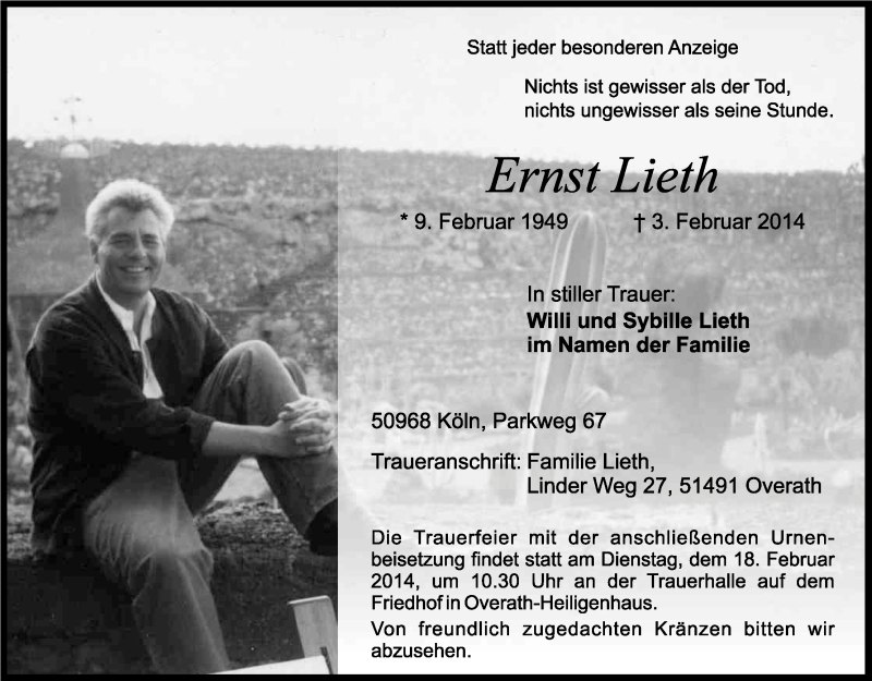  Traueranzeige für Ernst Lieth vom 12.02.2014 aus Kölner Stadt-Anzeiger / Kölnische Rundschau / Express