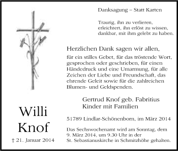 Anzeige von Willi Knof von Kölner Stadt-Anzeiger / Kölnische Rundschau / Express