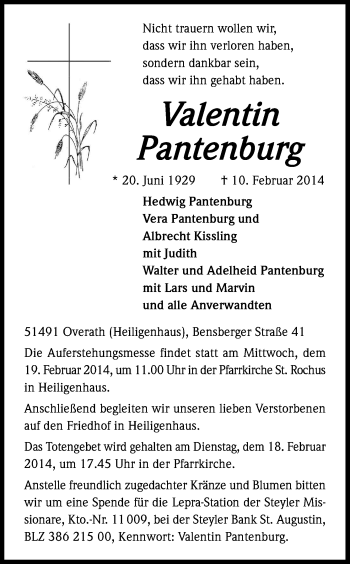 Anzeige von Valentin Pantenburg von Kölner Stadt-Anzeiger / Kölnische Rundschau / Express