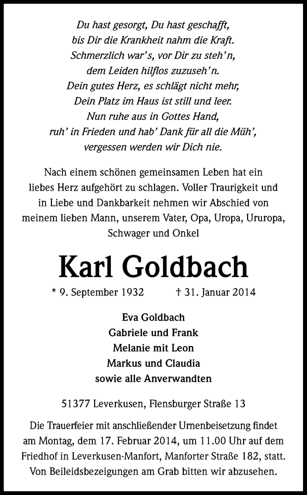  Traueranzeige für Karl Goldbach vom 12.02.2014 aus Kölner Stadt-Anzeiger / Kölnische Rundschau / Express