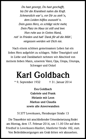 Anzeige von Karl Goldbach von Kölner Stadt-Anzeiger / Kölnische Rundschau / Express
