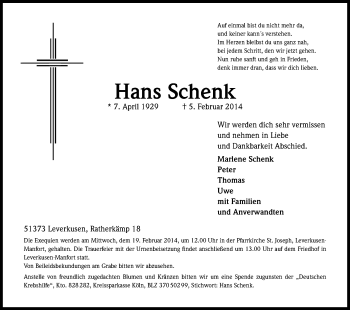 Anzeige von Hans Schenk von Kölner Stadt-Anzeiger / Kölnische Rundschau / Express