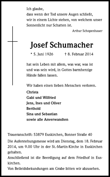 Anzeige von Josef Schumacher von Kölner Stadt-Anzeiger / Kölnische Rundschau / Express