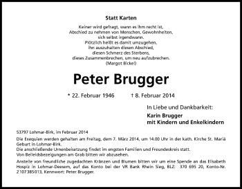 Anzeige von Peter Brugger von Kölner Stadt-Anzeiger / Kölnische Rundschau / Express