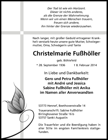 Anzeige von Christelmarie Fußhöller von Kölner Stadt-Anzeiger / Kölnische Rundschau / Express