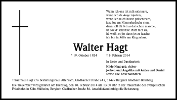 Anzeige von Walter Hagt von Kölner Stadt-Anzeiger / Kölnische Rundschau / Express
