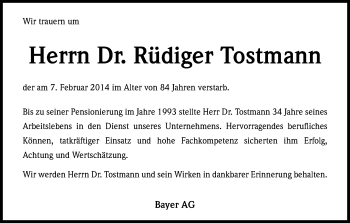 Anzeige von Rüdiger Tostmann von Kölner Stadt-Anzeiger / Kölnische Rundschau / Express