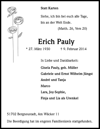 Anzeige von Erich Pauly von Kölner Stadt-Anzeiger / Kölnische Rundschau / Express