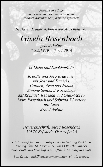 Anzeige von Gisela Rosenbach von Kölner Stadt-Anzeiger / Kölnische Rundschau / Express