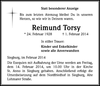 Anzeige von Reimund Torsy von Kölner Stadt-Anzeiger / Kölnische Rundschau / Express