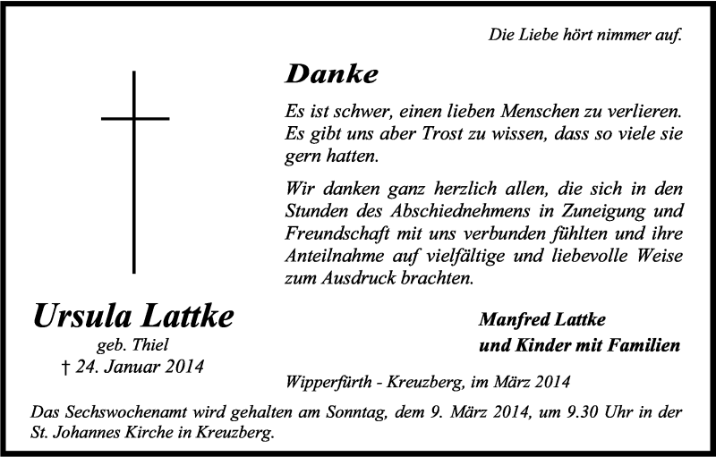  Traueranzeige für Ursula Lattke vom 01.03.2014 aus Kölner Stadt-Anzeiger / Kölnische Rundschau / Express