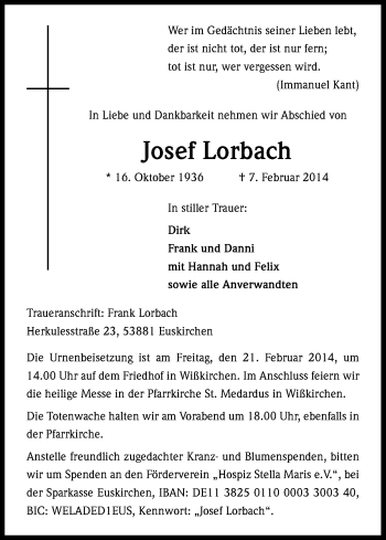 Anzeige von Josef Lorbach von Kölner Stadt-Anzeiger / Kölnische Rundschau / Express