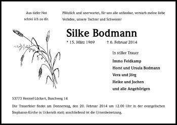 Anzeige von Silke Bodmann von Kölner Stadt-Anzeiger / Kölnische Rundschau / Express