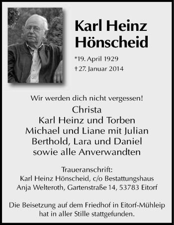 Anzeige von Karl Heinz Hönscheid von Kölner Stadt-Anzeiger / Kölnische Rundschau / Express