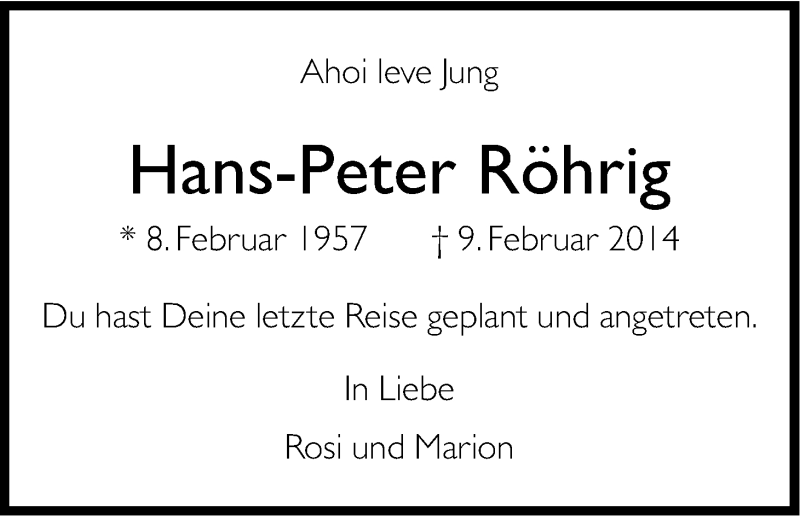  Traueranzeige für Hans-Peter Röhrig vom 13.02.2014 aus Kölner Stadt-Anzeiger / Kölnische Rundschau / Express