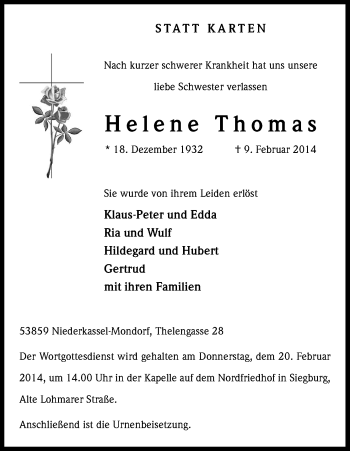 Anzeige von Helene Thomas von Kölner Stadt-Anzeiger / Kölnische Rundschau / Express